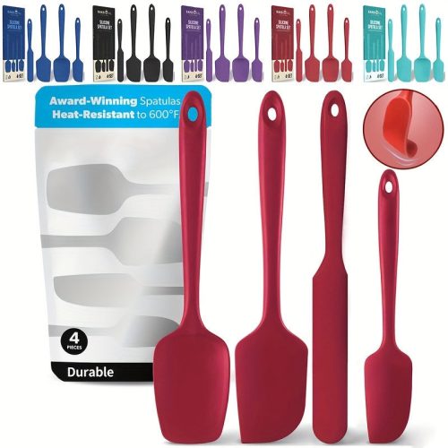 4 db-os szilikon spatulaszett, hőálló 600°F-ig, tartós gumi konyhai eszközök tapadásmentes edényekhez, varrat nélküli kialakítás, piros, 4 méret Szilikon kaparó piros 4 darabos készlet