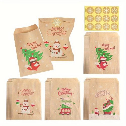 24db, Retro karácsonyi papír zacskó matricákkal Mikulás Hóember Róka